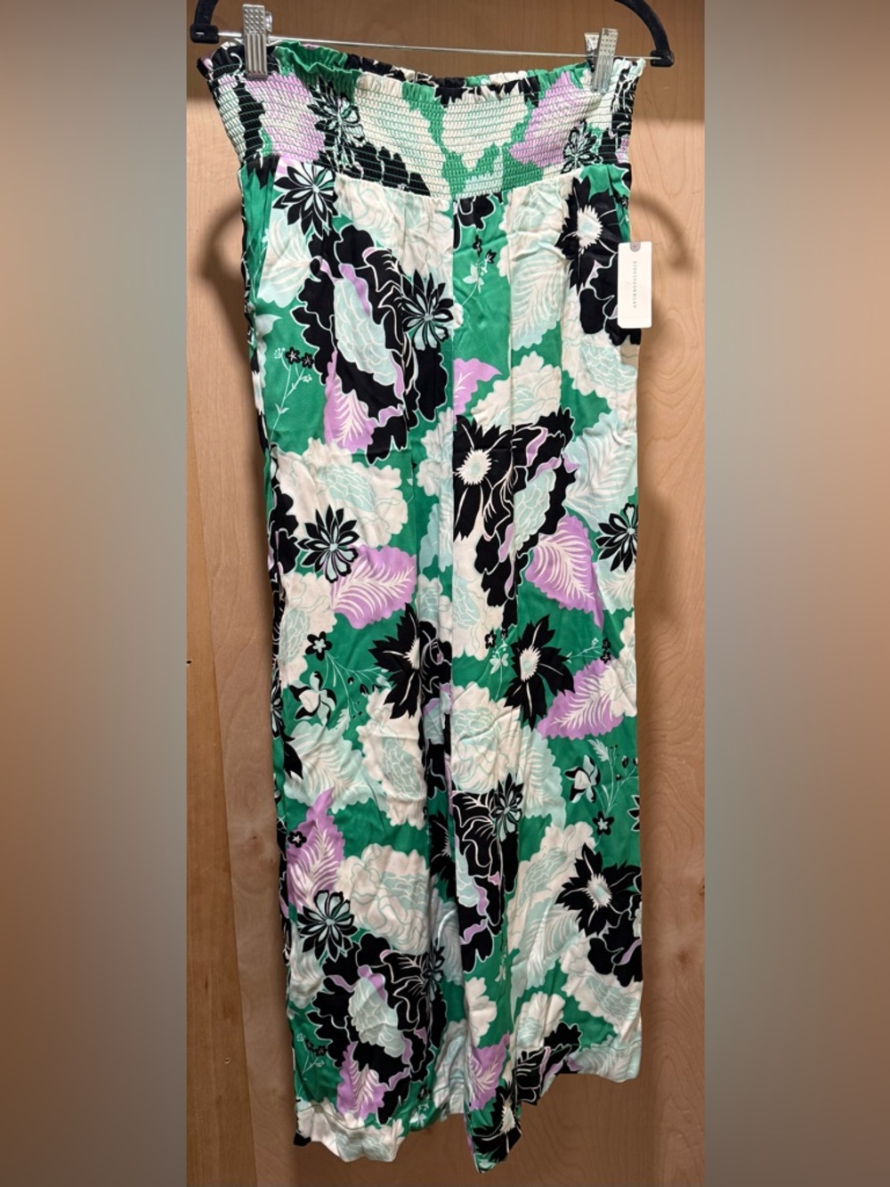 Anthropologie Green Floral Print Wide Leg Pants with Black & Lilac Accents